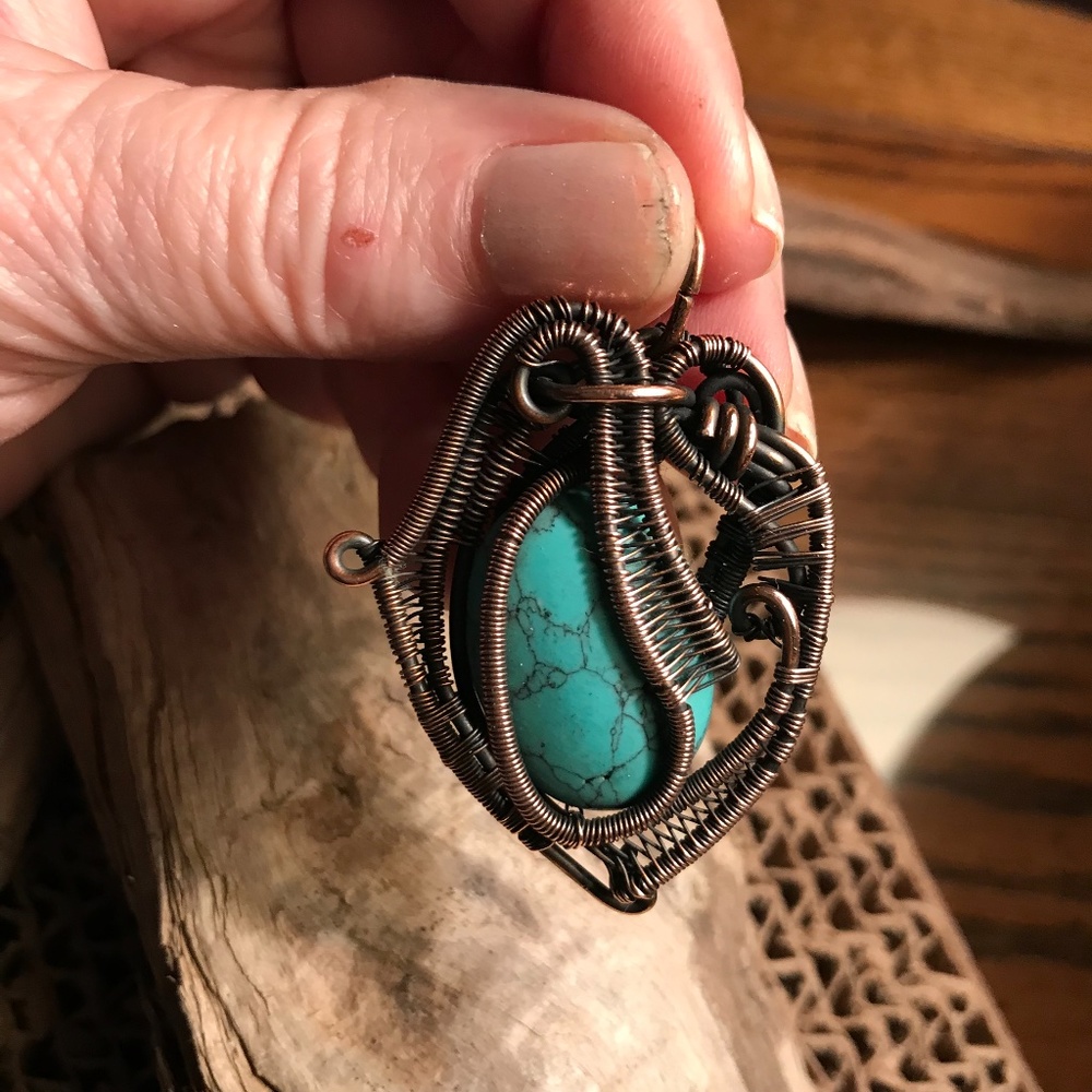 Copper wire faux turquoise heavy pendant